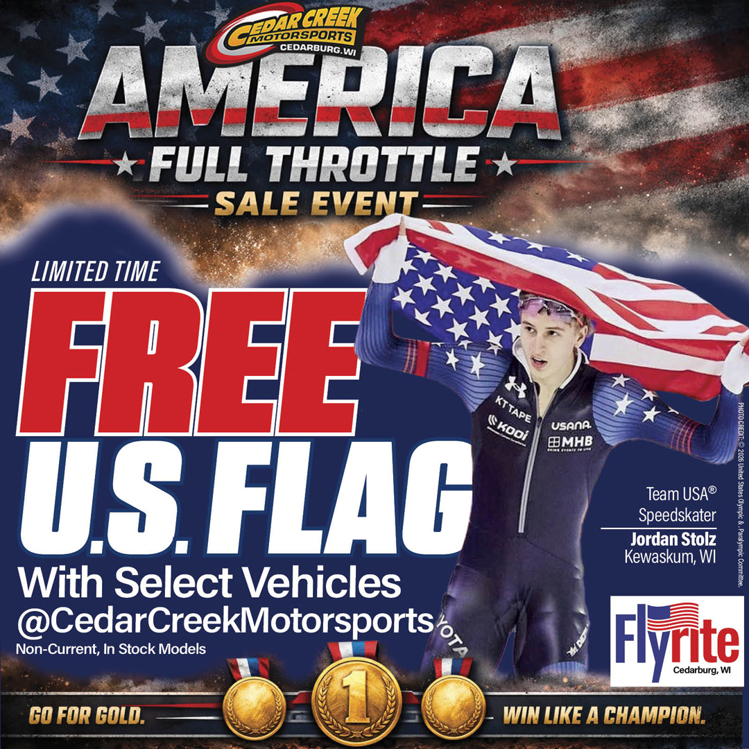 Free American Flags for America Full Throttle Sale at Cedar Creek Motorsports - Jordan Stolz Olympic speedskater from Kewaskum, WI