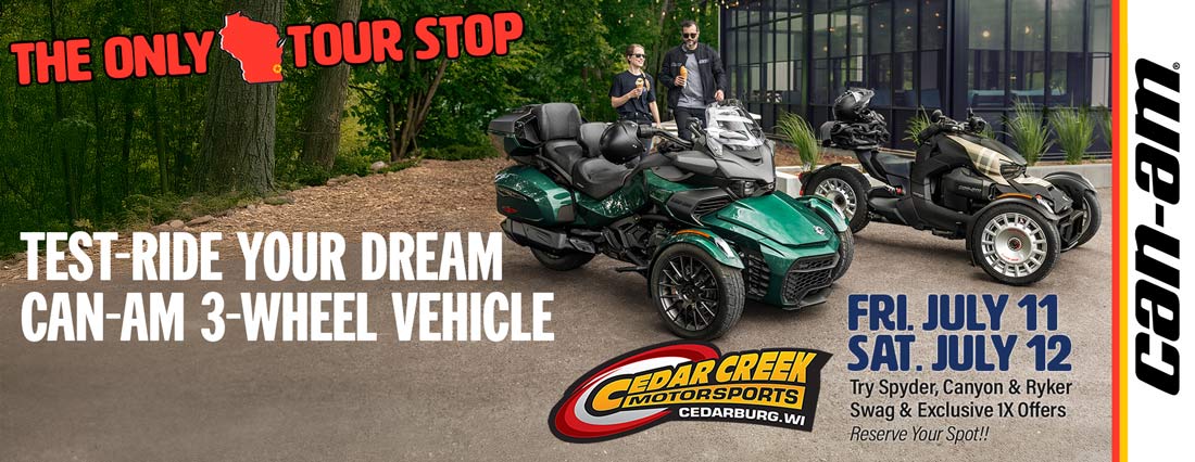 Can-Am® Spyder Canyon Ryker Free Test Ride Demo Tour July 11 and July 12 at Cedar Creek Motorsports, Cedarburg, WI