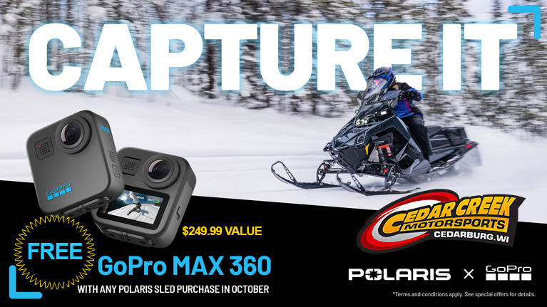Free GoPro MAX 360 with Polaris Snowmobile Purchase at Cedar Creek Motorsports in Cedarburg, WI