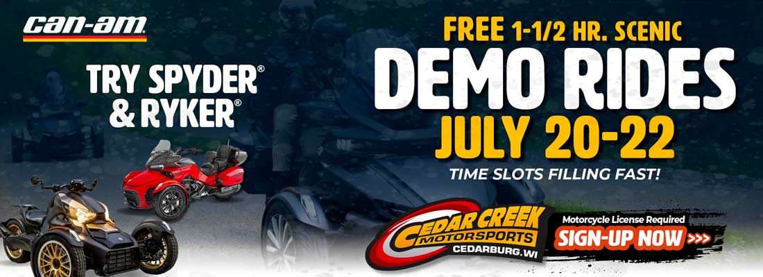 Can-Am Experience Test Ride Demo Tour Ryker Spyder on July 20-22, 2023 Cedar Creek Motorsports nearby Milwaukee, WI